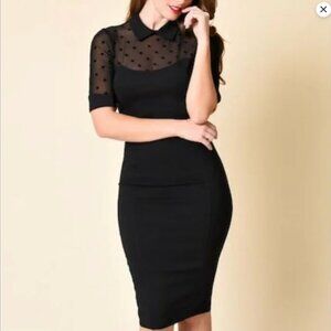 Collectif Wednesday Pencil Midi Mesh Polka Dot Black Dress